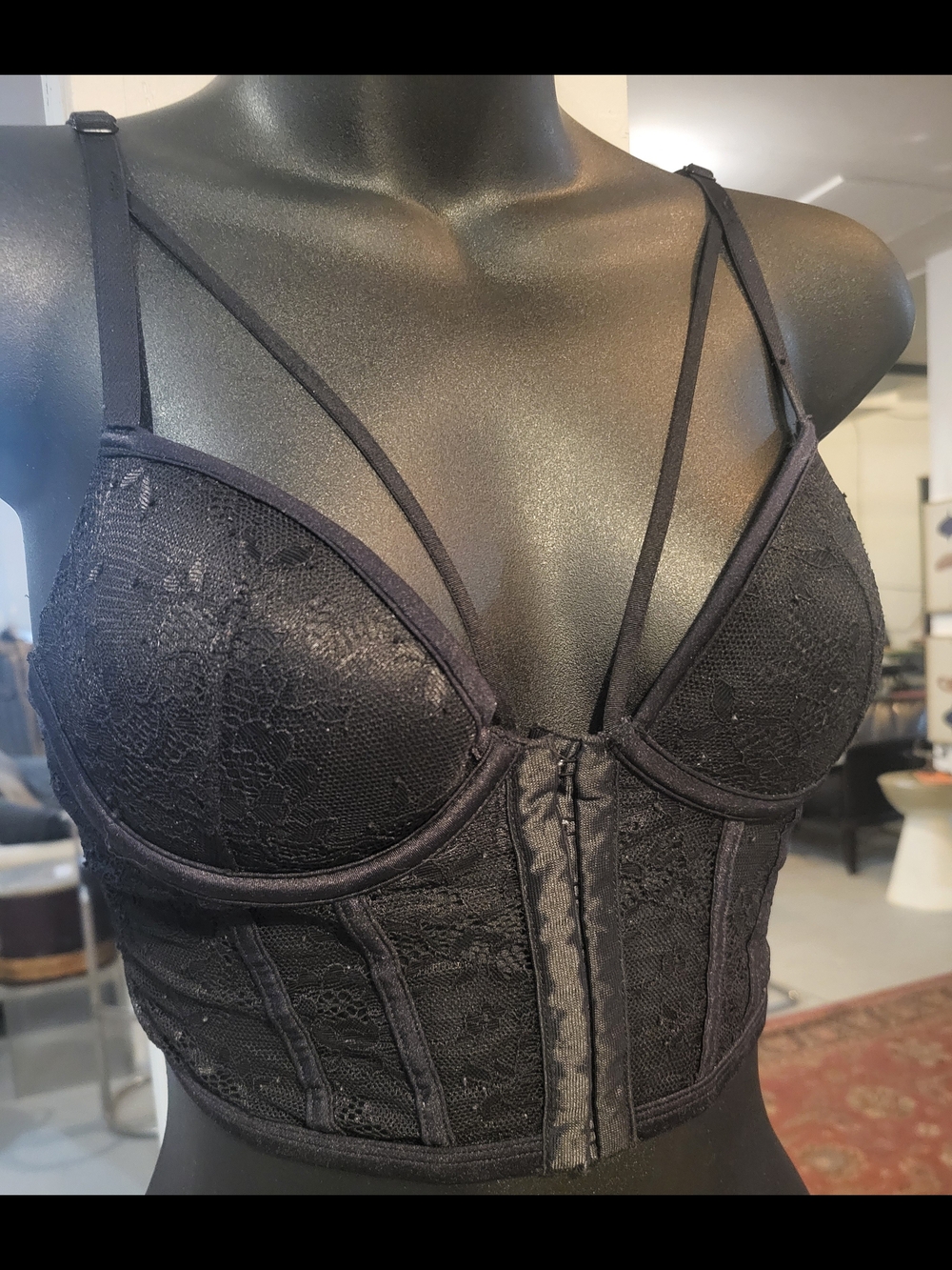 La SENZA Black Lace Longline Bralette with Strappy V Detail